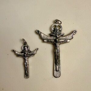 2 silver Heri Hodie Semper Crucifix Pendants. Millennium Holy Trinity